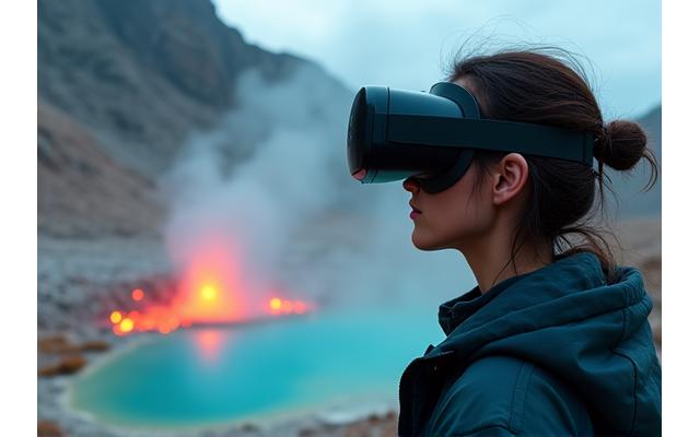 Person using VR headset experiencing a volcanic landscape